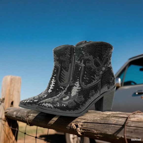 Women's Black Western Low Cowgirl Boots With Zipper Short Pointed Toe Booties - Picture 6 of 7